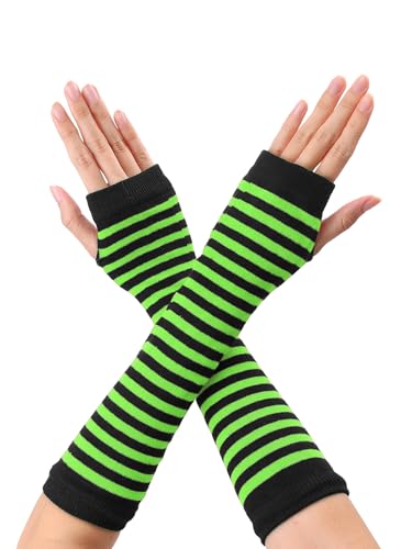 Allegra K Womens Fingerless Gloves Printed Elbow Length Knitted Arm Warmers One Size Bright Green Black