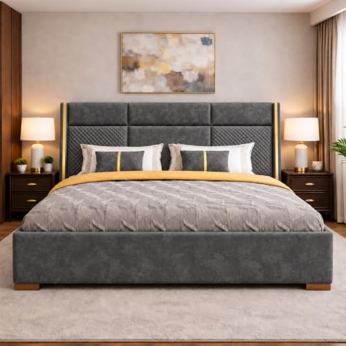 Image of Royal Modern Upholstered Queen Size Bed with Hydraulic Storage for Bedroom | Wooden Double Beds for Home & Hotels | Platform Cot Bed with Upholstery Fabric, 6.5 x 5 Ft | Sheesham, Grey