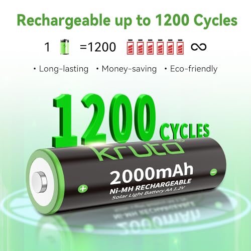 Kruta NiMH Rechargeable AA Batteries, 2000mAh 1.2V NiMH High Capacity Double AA Solar Rechargeable AA Batteries for Outdoor Solar Lights - Recharge up to 1200 Times, Pre-Charged (AA 2000mAh - Pack 12)