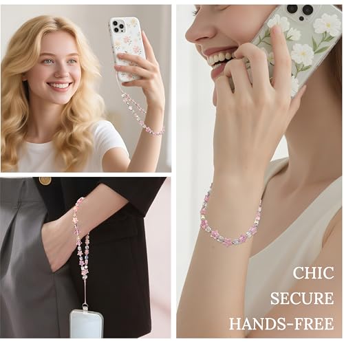 TRBR Phone Charm Wrist Strap, Beaded Lanyard Wristlet Chain, Anti-Theft & Hands-Free Bracelet Strap for iPhone & More Cell Phone Cases (Pink Star)