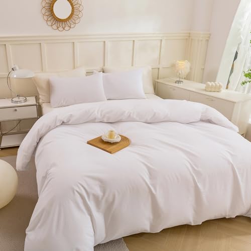 Image of ECOCOTT White Duvet Cover King Size - 100% Washed Cotton Durable Soft Comfy Duvet Cover Set, Lightweight and Breathable with Zipper Closure & Corner Ties (White, 104''x90'')