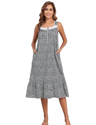 Image of Viakeo Cotton Nightgowns for Women Long House Dress Soft Sleepshirts With Pockets S-3XL