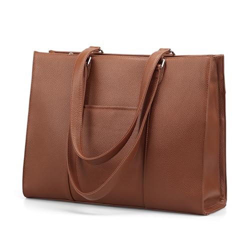 Image of befen Genuine Leather Work Tote Bag for Women, Women's 15.6 Inch Work Bags Totes Purse Shoulder Purses Handbags Cognac Brown