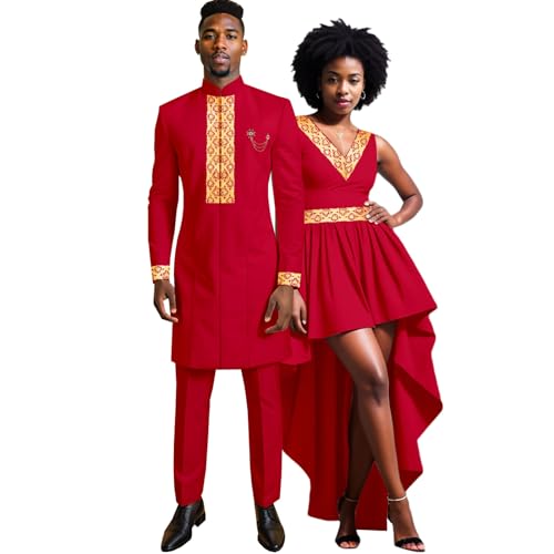 African Clothes for Couple Men`s Embroidery Blazer and Pants 2 Piece Set Women`s Match Color Midi Dress