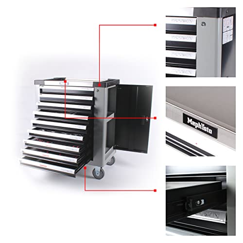 Mephisto Werkzeugwagen Werkstattwagen mit 9 Schubladen Davon 9 Schubladen mit Werkzeug wie Schraubenschlüssel, Ratsche mit Nusskasten, Engländern usw. in Soft Inlays in Carbonoptik befüllte – Bild 5