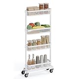 SONGMICS Slim Storage Cart, 4-Tier Metal Rolling Cart with Wheels, Flexible Baskets, Narrow Cart for Kitchen, Bathroom, Laundry Room, Easy Assembly, White UBSC065W01