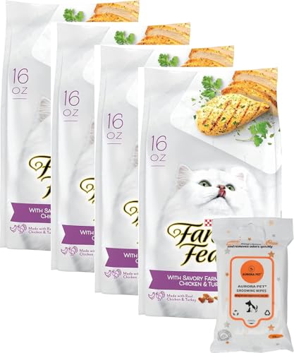 Aurora Pet Bundle Pack (4) FF Gourmet Dry Cat Food with Savory Chicken and Turkey (16 oz. Bags) Plus AuroraPet Wipes