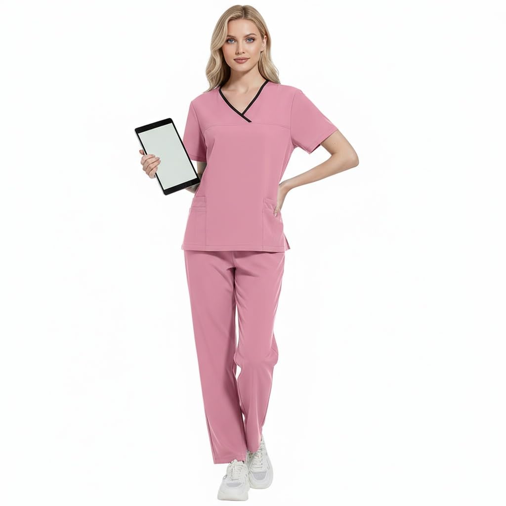 Uniformes Médicos para Mujer Traje Separado Cuello en V Top y Pantalones Jogging con Cuatro Bolsillos Color Puro Secado Rápido Uniformes Médicos DK51