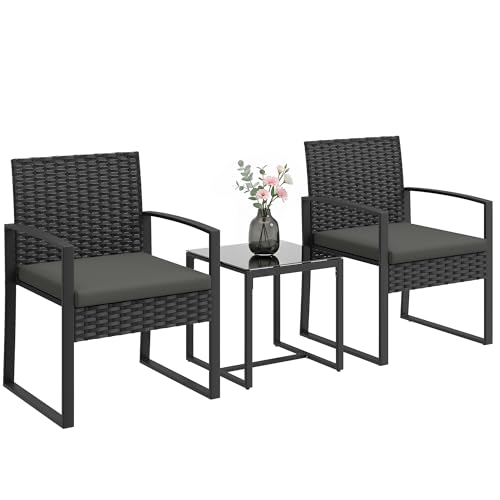 Outsunny Salon de Jardin extérieur en résine tressée 2 Personnes, Table de Jardin extérieure avec 2 chaises, Plateau en Verre trempé et Coussins, mobilier...