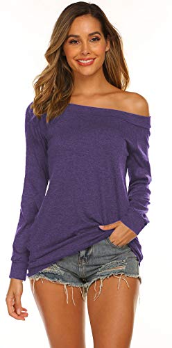 Off The Shoulder Shirts for Women Casual Long Sleeve Blouses and Tops Purple S
