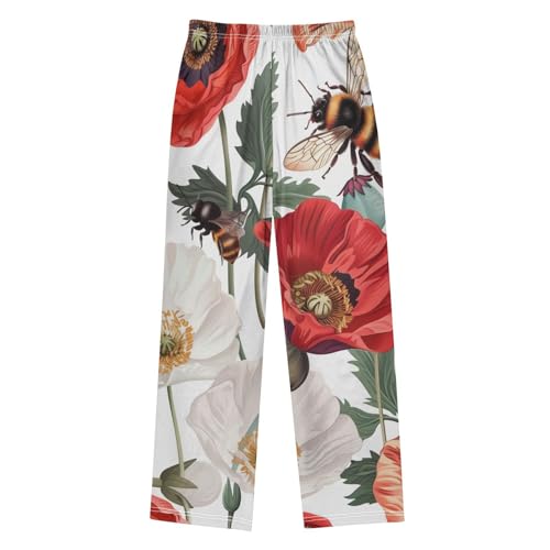 ZZXXB Poppy Flowers Bee Boys Long Pants Soft Trousers Elastic Waist Kids Lounge Bottoms with Pockets S-XL2