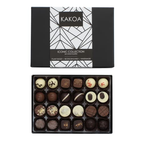 Kakoa Iconic Vegan Chocolate Selection Box - 24 Chocs | Brownie, Coffee, Caramel, Liqueur | Plant Based Luxury Chocolates For Special Occasions | Gifts for Vegans, Vegetarian, Dairy Free Diets