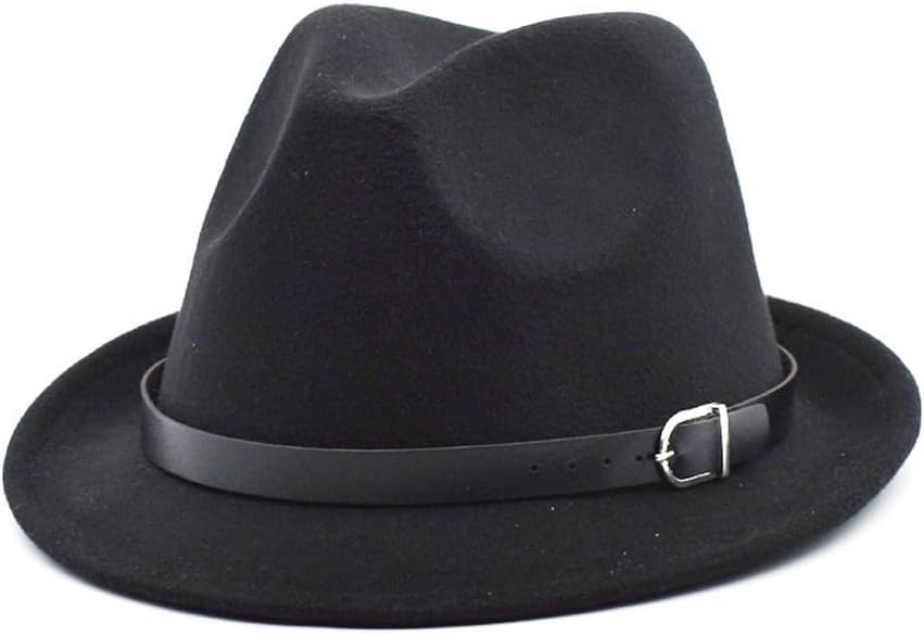 Black Classic Fedora Hat with Belt Buckle Felt Panama Short Brim Trilby Jazz Cap for Men Women Wedding Party Show Head Circumference 58cm/22.83inch - Image 4