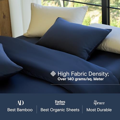 Image of DOZ Sheet Set, 100% Viscose derived from Bamboo, Organically Grown, Buttery Soft, Cooling Sheets, High GSM, Deep Pockets - 4 Piece - 2 Pillowcases 1 Fitted 1 Top Sheet (Sapphire, King)