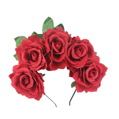 Lofruiin Womens Rose Flower Headband Artificial Flower Hairband Mexico Floral Crown Headpiece (Dark Red Pack of 1)