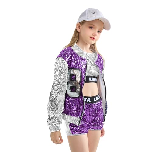 LOLANTA Teen Girls 80s 90s Sequin Dance Costume Sparkle Hip Hop Jazz Dance Dresses Modern Dancing Outfits (Purple, 14-16)
