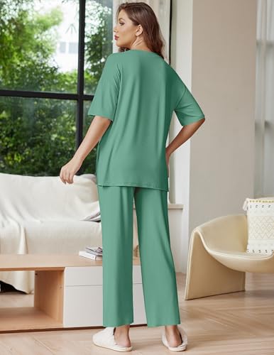 Image of Ekouaer Lounge Sets for Women Short Sleeve Tops and Long Pants Soft Comfy Pajamas Set 2 Piece Outfits