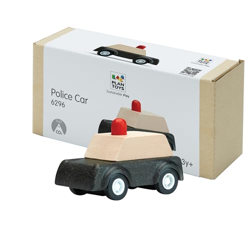 Image of PlanToys Police Car Wooden Montessori Vehicle Kids Indoor Outdoor Play Toy | rolling wheels, police car toy, girls, boys, imaginative early movement, practical life fine motor gift preschool learning
