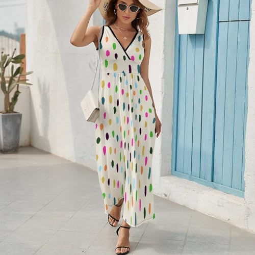 Robe maxi col V sans manches en textile fluide imprimé rétro