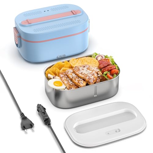 YEEFON Scaldavivande Elettrico 80W, 1,5L Porta Pranzo Riscaldabile, 3 in 1 12V/24V/220V calda Vivande Portatile Elettrico, Acciaio Inox Forchetta Cucchiaio per Auto Camion Ufficio