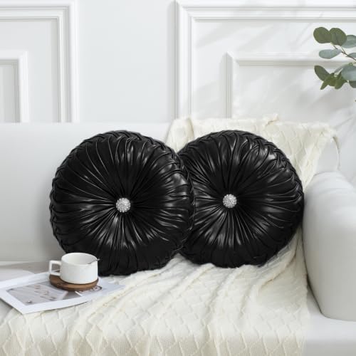 Image of HIG Set of 2 Black Metallic Leather Decorative Round Pleated Throw Pillows