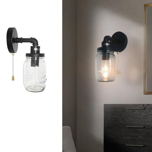 Aplique de pared vintage E27 retro industrial negro con pantalla de cristal e interruptor interior