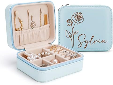 Bridesmaid Proposal Gifts Custom Leather Jewelry Box, Birth Flower Travel Jewelry Case Ring Box, Personalized Jewelry Organizer, Wedding Bachelorette Gifts for Women Girls (Blue-Rectangle)