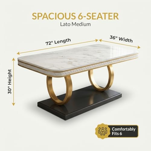 Image of 6-Seater Dining Table with Nano Composite Marble Top and PVC Golden Wooden Base |2yr Warranty - Includes 6 Fabric Upholstered Chairs (Maroon, White Marble Top)