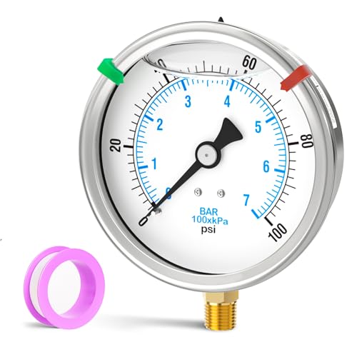 Image of 0-100PSI Stainless Steel Liquid Filled Pressure Gauge, 4 inch Dial Size, 1 /4 inch NPT Lower Mount, for Tube, Water Pump, Gas, Liquid, Pressure Test (with Range Mark Pointer)