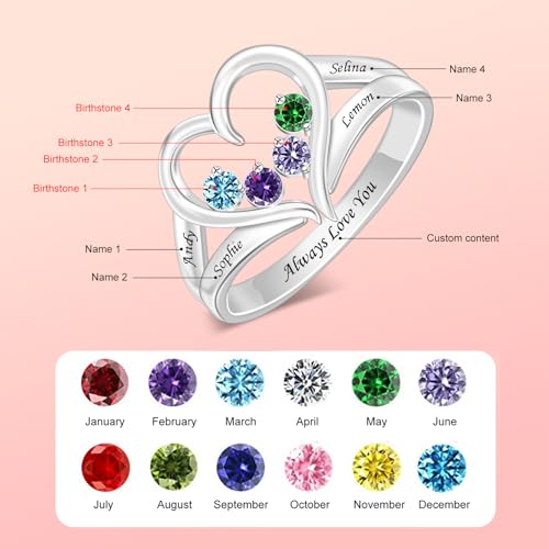 LucySkyCustom Birthstone Rings with 1-8 Birthstones Engraved Name Ring Heart for Wedding Valentine's Day Mother's Day Birthday Anniversary2