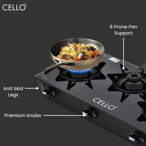 Image of Cello Dezire Plus 3 Burner Gas Stove | 6mm Toughened Glass | Manual Ignition | ISI Certified | Rapid Alloy Burnes | 1 Year Warranty | Hexa Pan Supports