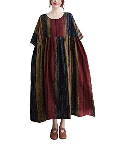 ellazhu GA2526 Robe midi décontractée à manches courtes et col rond pour femme Imprimé floral, Rouge, S/XL Cover