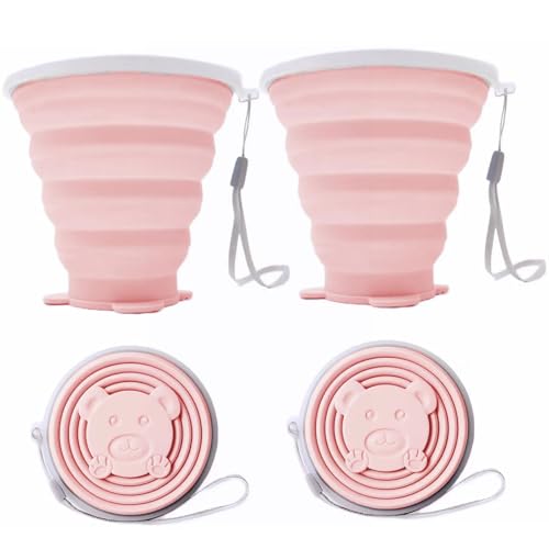 DAWOOWF 270 ml gobelet portable pliable de voyage avec couvercle en plastique, gobelet pliable en silicone sans BPA, réutilisable, idéal pour pique-nique, camping, randonnée et voyage (Rose + Rose)