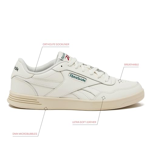 Reebok Court Advance Sneakers for Men - Casual Tennis Mens Shoes Size 6 to 15, White or Black, Chalk/Dark Green/Flash Red, 102