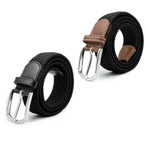 Myfunc 2Pack Belts No Holes Golf Jeans Pants Casual Stretchy Elastic Braided Woven Belt for Mens Boys Womens Girls