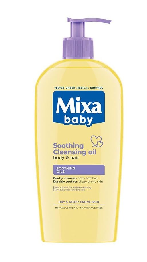Mixa Baby Atopicalm Soothing Cleansing Oil for Body & Hair, 250 ml /8.45 fl.oz/ – Gentle Moisturizing Baby Wash for Dry & Sensitive Skin – Hypoallergenic, Fragrance‑Free, Tear‑Free Formula