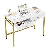Weehom Computer Desk with Drawers, Home Office Desk for Writing, Studying, and Gaming - Sturdy and Spacious Workstation for PC and Laptop(White and Gold)