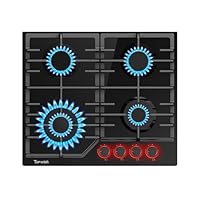 TOPWISH placa de gas butano, placa gas butano 4 fuegos, con rojo mando giratorio iluminado, NG/LPG convertible, válvulas de seguridad, encendido eléctrico, 8000W, 60cm