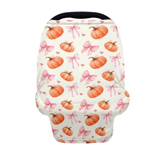 Image of Baby Car Seat Cover, Breathable Car Seat Canopy, Fall Pumpkin Bow
