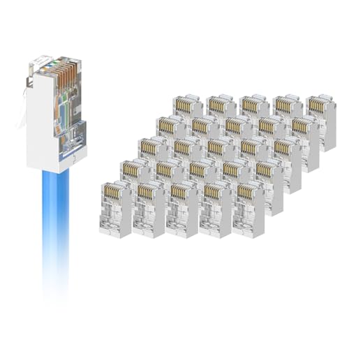 VCE Lot de 25 Connecteur RJ45 CAT6 Embout de Connecteur Blindé Nickelé RJ45 8P8C Via Une Prise Modulaire Ethernet Imprimante