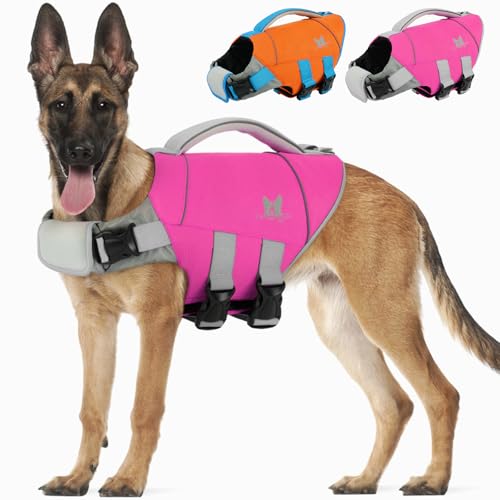 IECOii Dog Life Jacket for Swimming & Boating,Reflective and Adjustable Dog Life Vest with Rescue Handle Rose Red X-Large