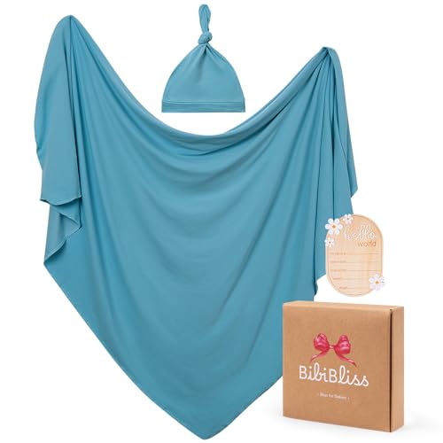 Image of Stretchy Swaddle Blanket for Newborns with Hat & Hello World Card-Soft Baby Swaddles 0-3 Months,47 inchx 47 inchSupersoft Swaddle Blanket,Receiving Blanket for Boys & Girls (Slate)