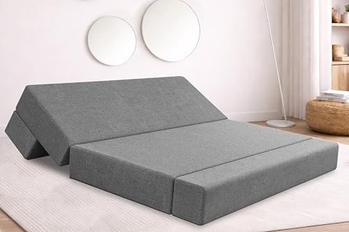 Image of Rosebell Three Seater Foldable Sofa Cum Bed (5x6 Feet) ? Jute Fabric, Washable Removable Cover, Includes Cushion | Space Saving Convertible Sofa Bed for Home, Office & Guests - Grey