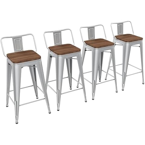 Yongchuang 24 inch Barstools Set of 4 Counter Height Bar Stools Farmhouse Kitchen Metal Bar Chairs with Wood Seat Low Back Silver Cover