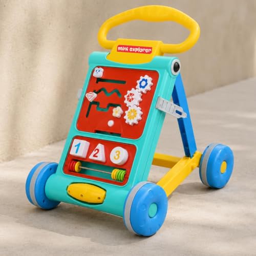 Image of MiniExplorer Baby Activity Walker for 6-15 Months, Foldable Push Walker for Babies, Toddler Learning Walker with Activity Panel, Walker for Boys & Girls, Anti-Slip Wheels & Interactive Toys - Blue