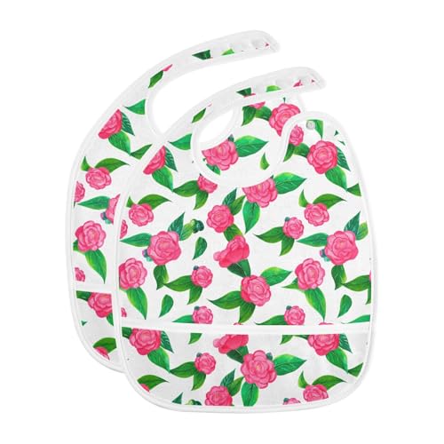 MCHIVER Camellia Floral White Baby Bibs for Boy Girl Toddler Waterproof Feeding Bib Apron with Food Cather Adjustable Cotton Food Eating Bib 2 Pack