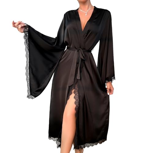 Image of Satin Lace Robe for Women Long Kimono Bathrobe Lightweight Silky Sleepwear