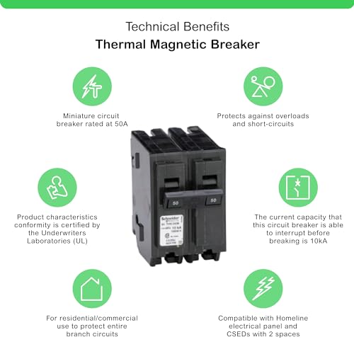 Square D by Schneider Electric Homeline 50 Amp Mini Circuit Breaker, 2 Pole, 120/240V AC, 10kA Breaking Capacity, Plug in Mount, Standard Type, Residential Use (‎HOM250CP)