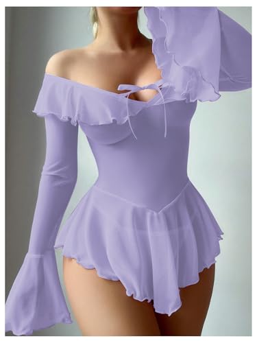 Image of OYOANGLE Women's 2 Piece Off Shoulder Long Sleeve Ruffle Mesh Sheer Nightgowns with Thongs Babydoll Lingerie Set