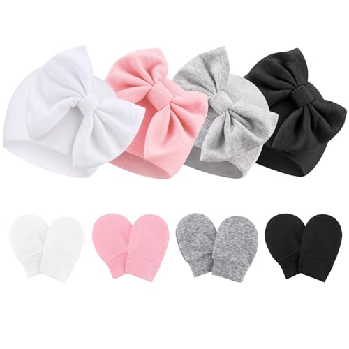 Image of Newborn Baby Hats and Mittens Set Infant Bow Beanie Cap Toddler Gloves Newborn Hospital Hats for Baby Boy Girl 0-6 Months